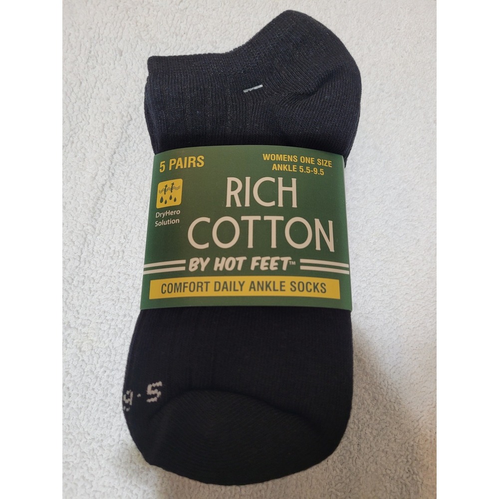 Hot Feet Ankle‎ Socks Womens OS Black NEW 5 Pairs Rich Cotton Moisture Wicking